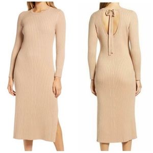 Wayf X BFF Hollie Long Sleeve Sweater Dress with Side Slit Tan Camel Size Small